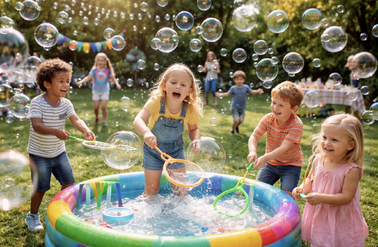 Bubble party pool station at a kids event in Texas